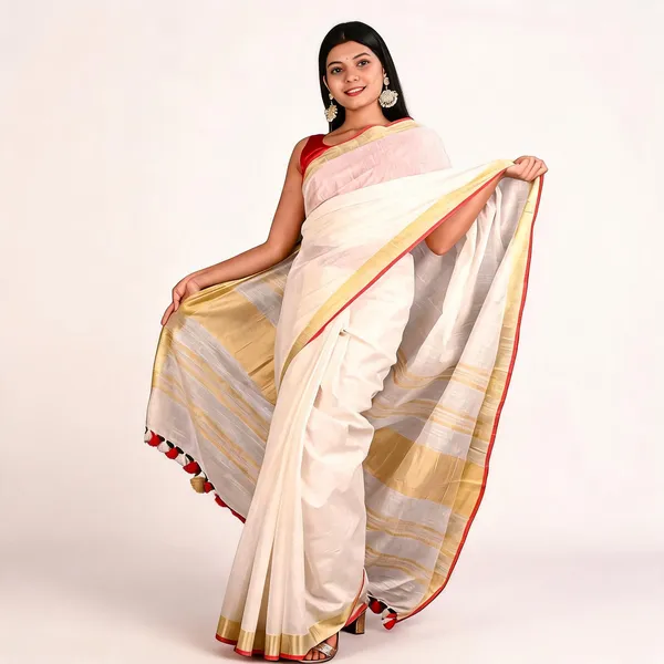 White_And_Golden_Premium_Cotton_Linen_Saree_For_Women