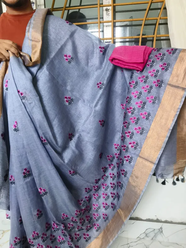 Bluish-Grey_Silk_Linen_Saree__With__Pink_Floral__Embroidery_