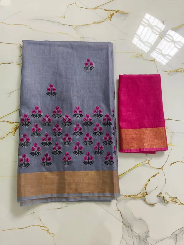 Bluish-Grey_Silk_Linen_Saree__With__Pink_Floral__Embroidery_