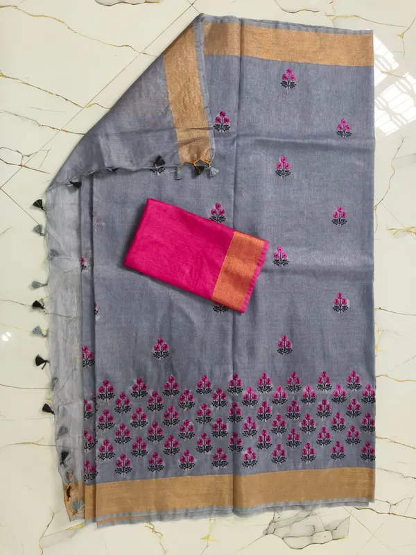 Bluish-Grey_Silk_Linen_Saree__With__Pink_Floral__Embroidery_