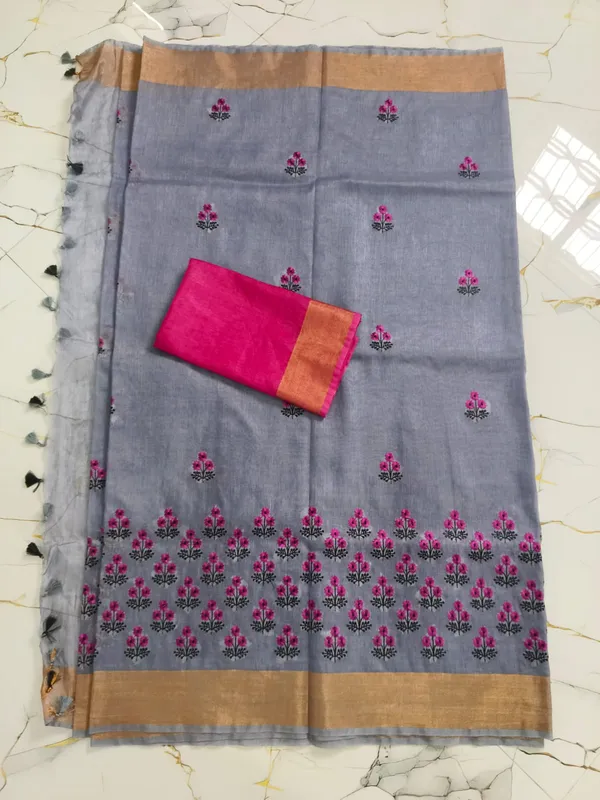 Bluish-Grey_Silk_Linen_Saree__With__Pink_Floral__Embroidery_