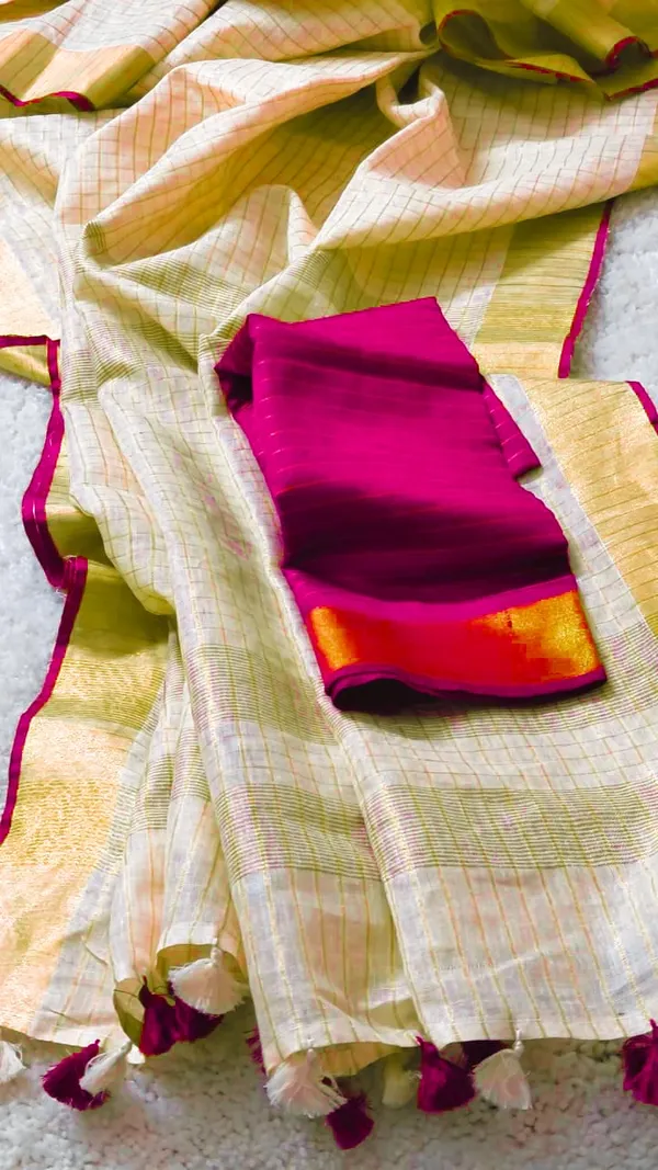 White_And_Pink_Premium_Linen_Mini_Check_Saree_For_Women