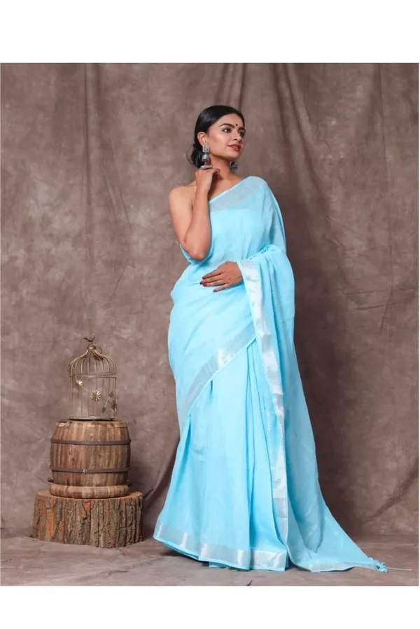Sky_Blue_And_Silver_Premium_Cotton_Linen_Saree_For_Women