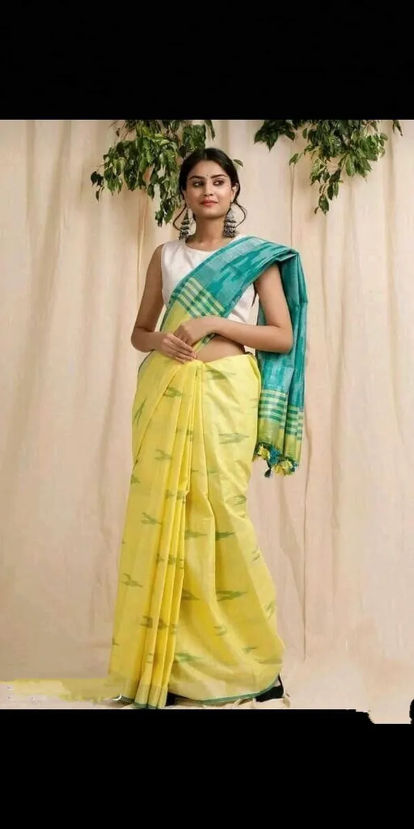 Yellow_And_Teal_Premium_Cotton_Slub_Saree_For_Women