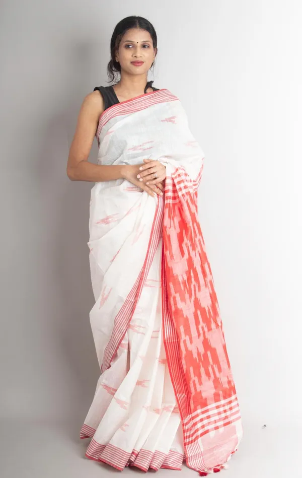 White_And_Red_Premium_Cotton_Slub_Saree_For_Women
