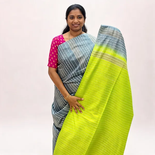 Green_And_Grey_Premium_Kota_Silk_And_Bamboo_Silk_Saree_For_Women