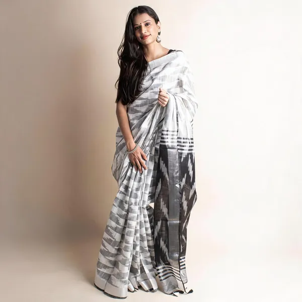 White_And_Grey_Premium_Cotton_Slub_Saree_For_Women
