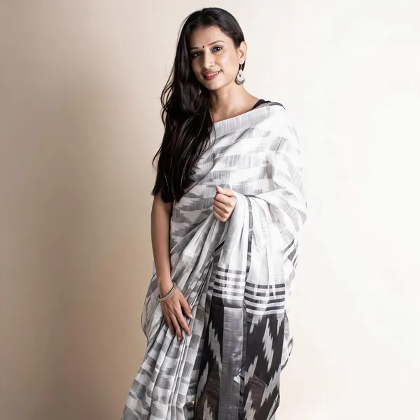 White_And_Grey_Premium_Cotton_Slub_Saree_For_Women