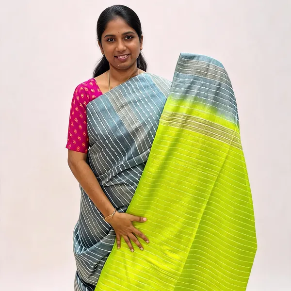 Green_And_Grey_Premium_Kota_Silk_And_Bamboo_Silk_Saree_For_Women