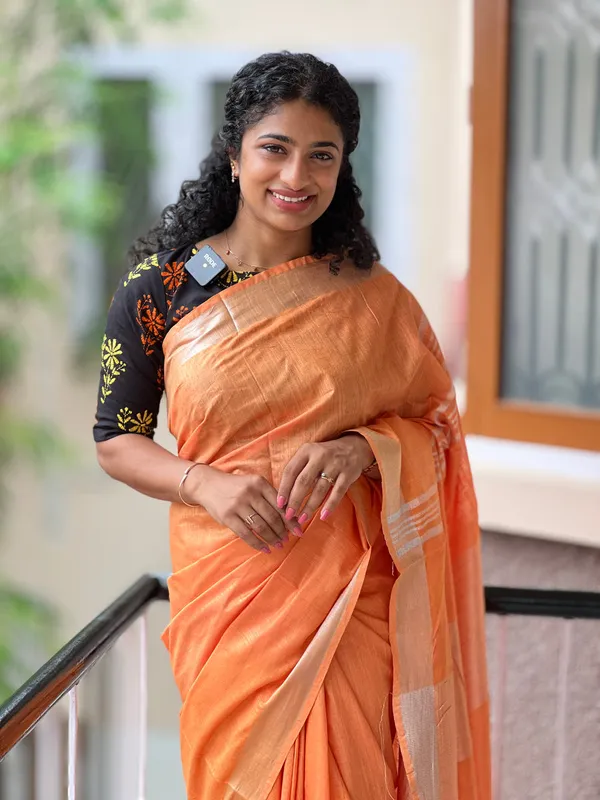 Black_And_Orange_Premium_Cotton_Linen_Saree_For_Women