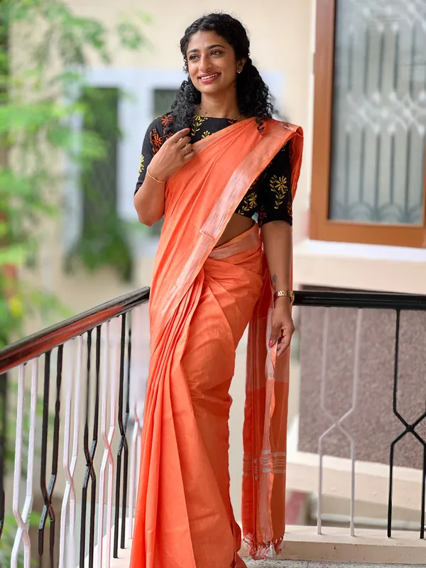 Black_And_Orange_Premium_Cotton_Linen_Saree_For_Women