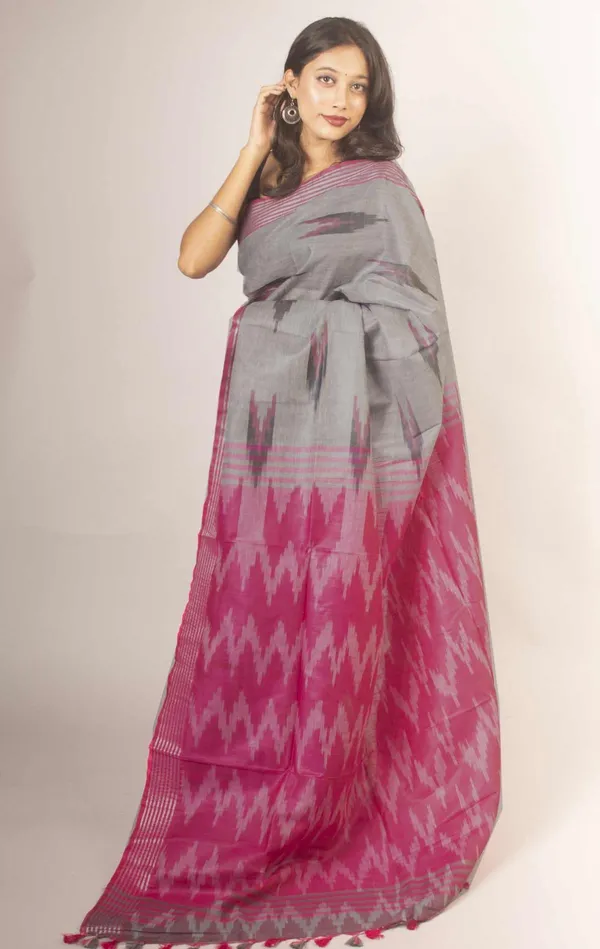 Pink_And_Grey_Premium_Cotton_Slub_Saree_For_Women