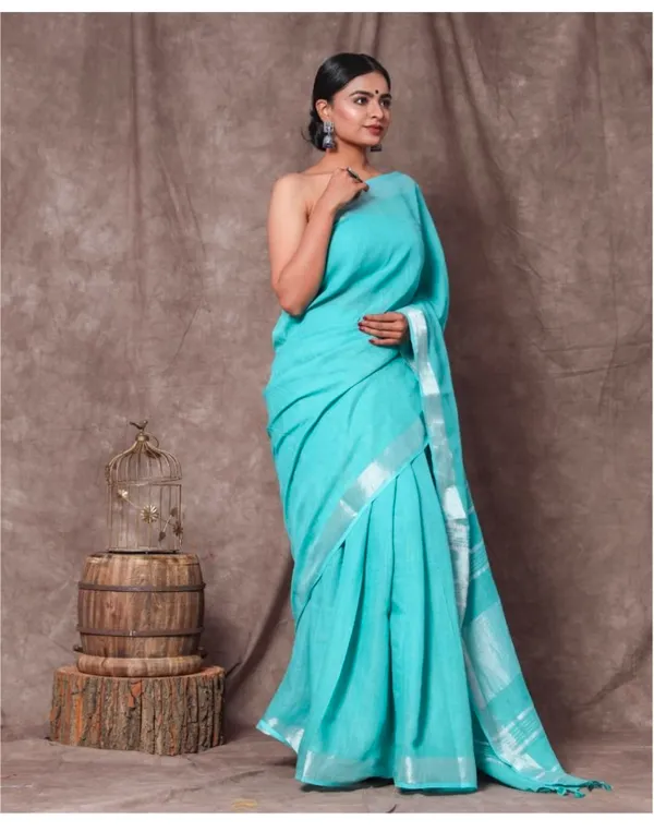 Silver_And_Turquoise_Premium_Cotton_Linen_Saree_For_Women