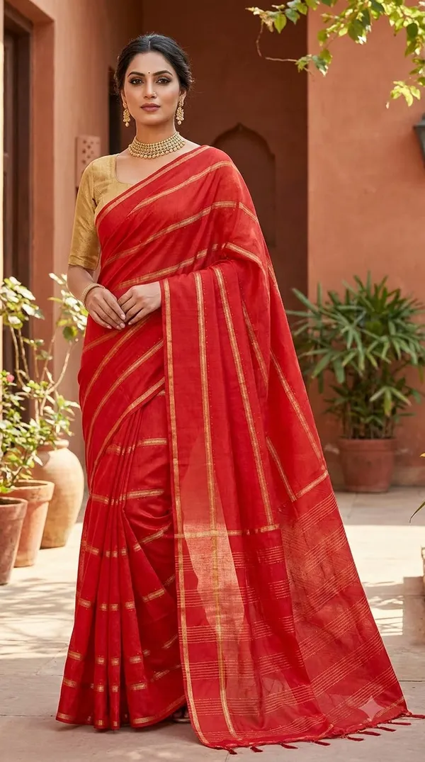 Red_Silk_Staple_Saree_with_Blouse_piece