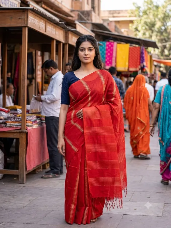 Red_Silk_Staple_Saree_with_Blouse_piece_