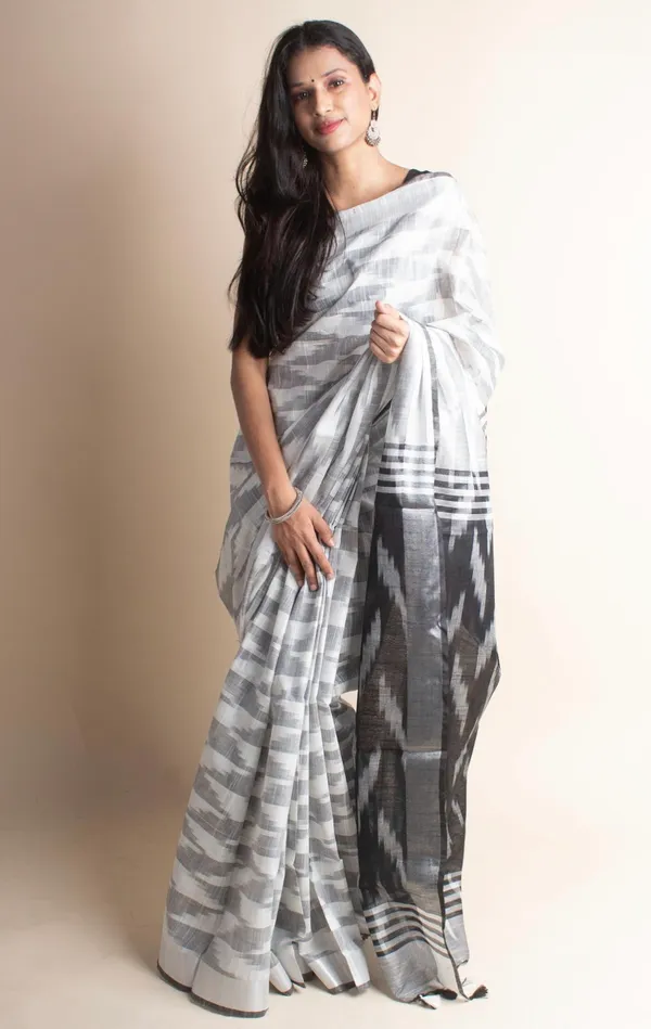 White_And_Grey_Premium_Cotton_Slub_Saree_For_Women