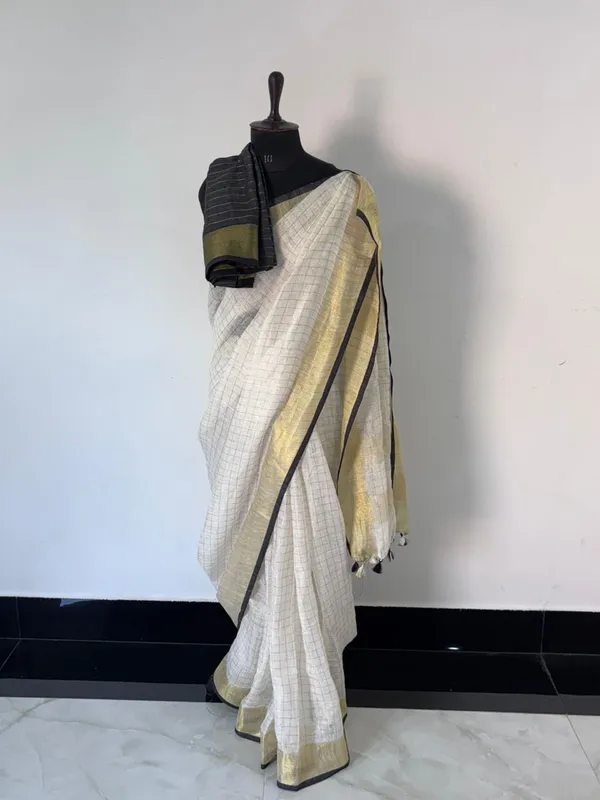 White_And_Golden_Premium_Linen_By_Linen_Saree_For_Women