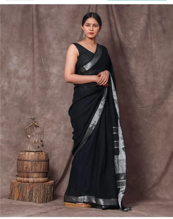 Black_And_Silver_Premium_Cotton_Linen_Saree_For_Women