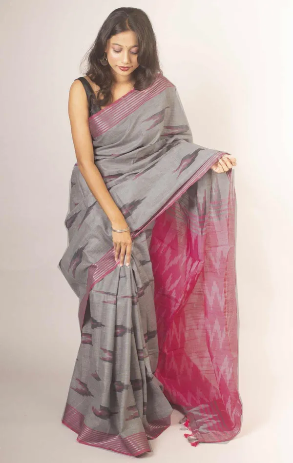 Pink_And_Grey_Premium_Cotton_Slub_Saree_For_Women