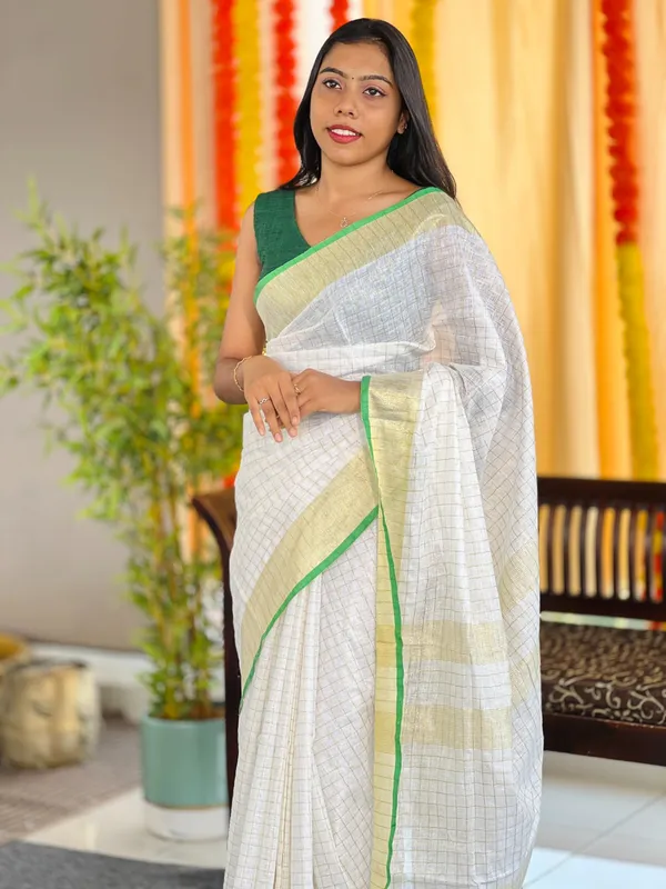 White_And_Green_Premium_Linen_Saree_For_Women