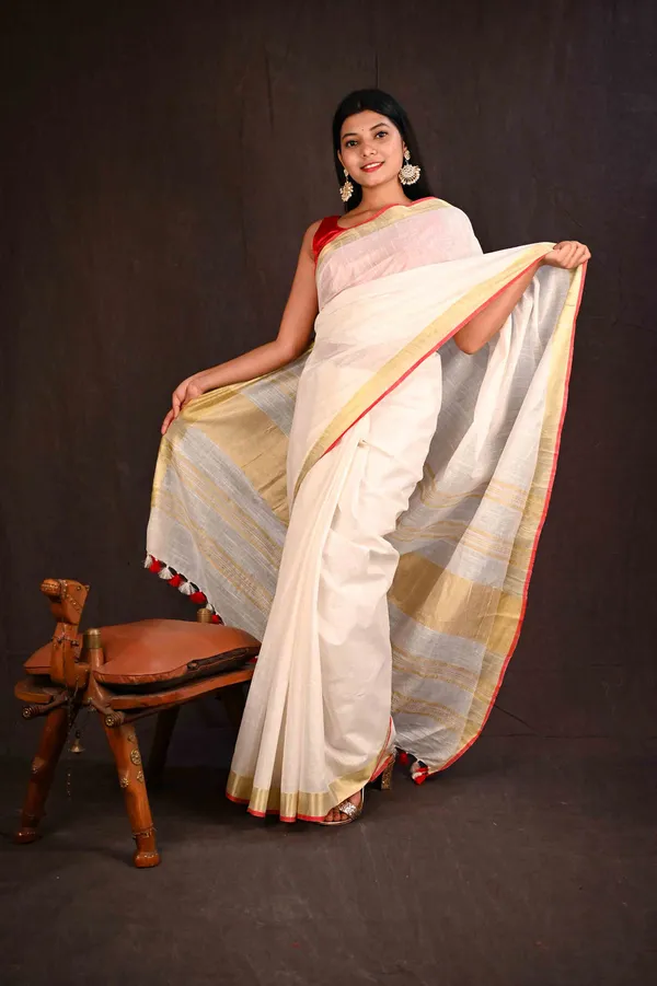 White_And_Golden_Premium_Cotton_Linen_Saree_For_Women