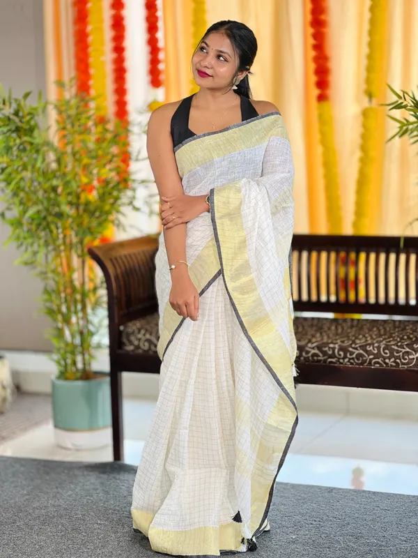 White_And_Golden_Premium_Linen_Saree_For_Women