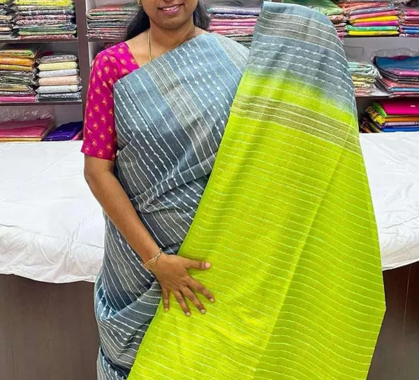 Green_And_Grey_Premium_Kota_Silk_And_Bamboo_Silk_Saree_For_Women