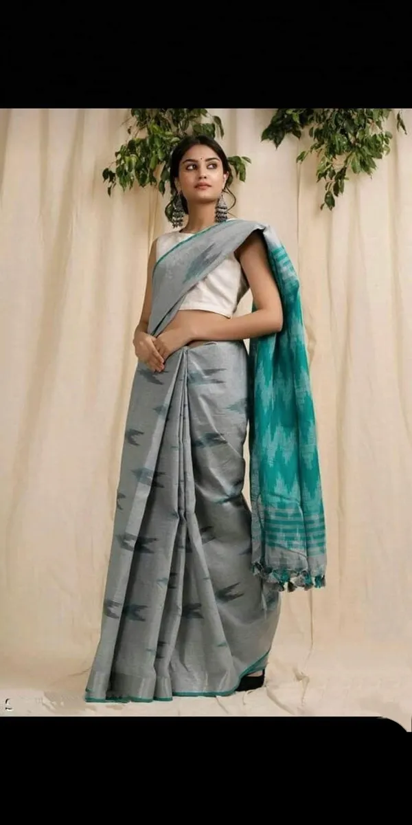 Grey_And_Teal_Premium_Cotton_Slub_Saree_For_Women
