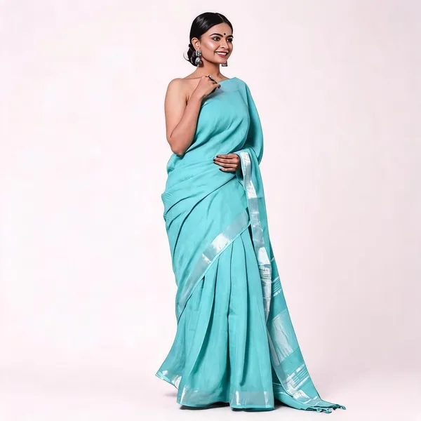 Silver_And_Turquoise_Premium_Cotton_Linen_Saree_For_Women