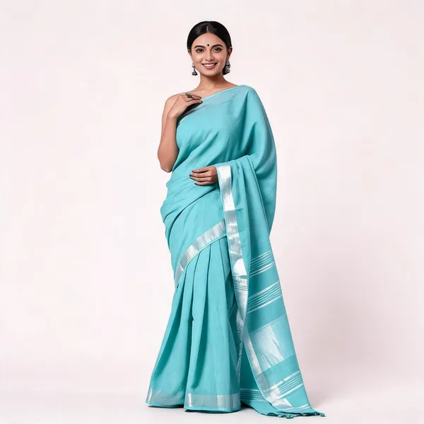 Silver_And_Turquoise_Premium_Cotton_Linen_Saree_For_Women