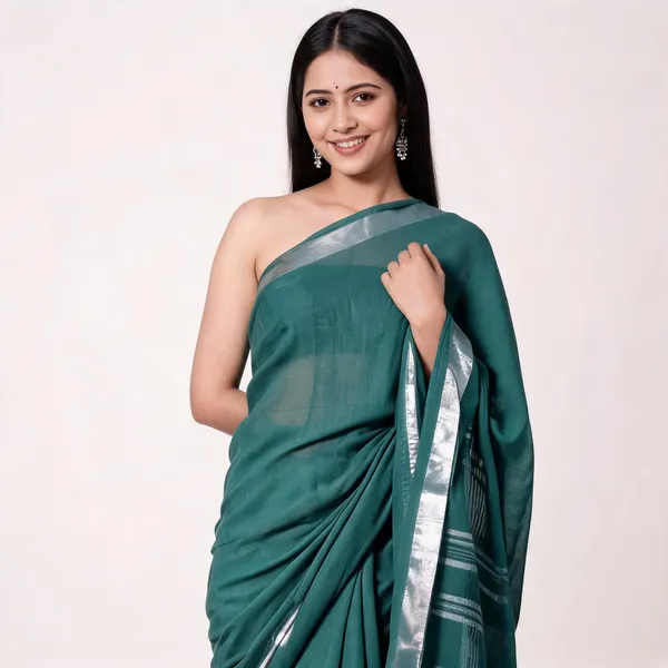 Teal_And_Silver_Premium_Cotton_Linen_Saree_For_Women