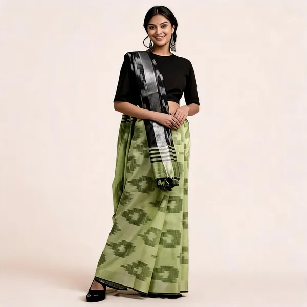 Black_And_Green_Premium_Cotton_Slub_Saree_For_Women