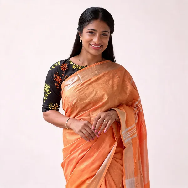 Black_And_Orange_Premium_Cotton_Linen_Saree_For_Women