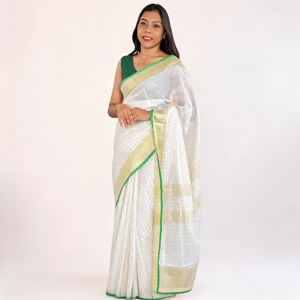 White_And_Green_Premium_Linen_Saree_For_Women