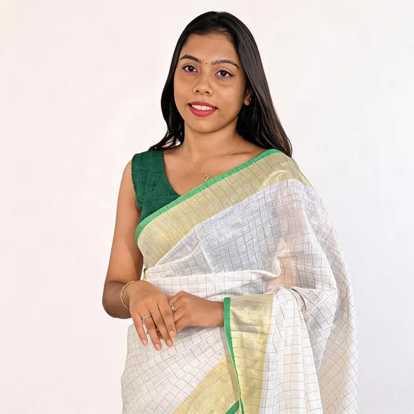 White_And_Green_Premium_Linen_Saree_For_Women
