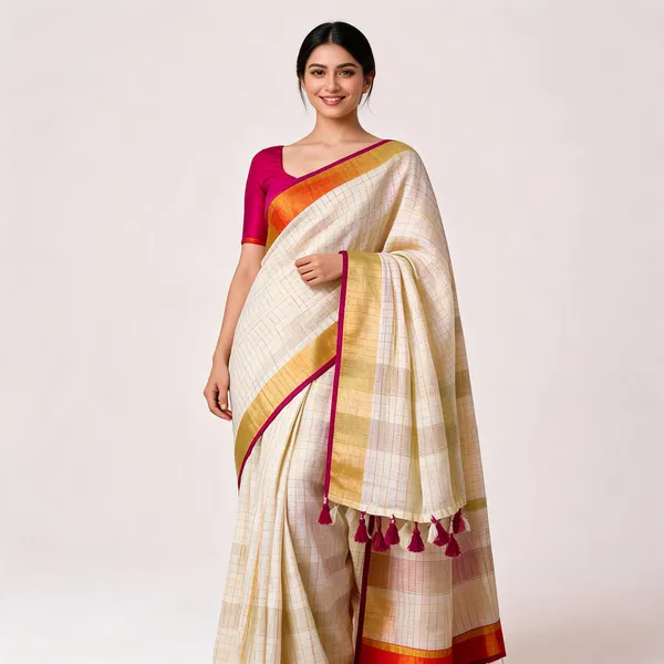 White_And_Pink_Premium_Linen_Mini_Check_Saree_For_Women