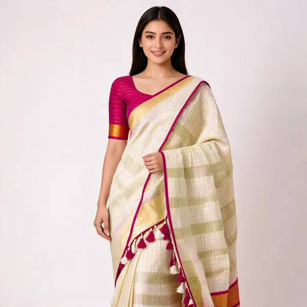 White_And_Pink_Premium_Linen_Mini_Check_Saree_For_Women