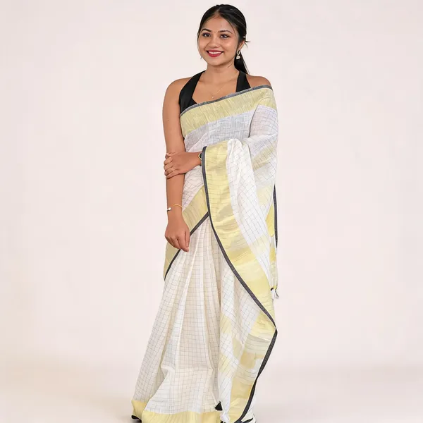 White_And_Golden_Premium_Linen_Saree_For_Women