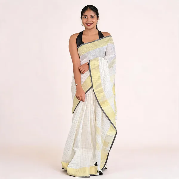 White_And_Golden_Premium_Linen_Saree_For_Women