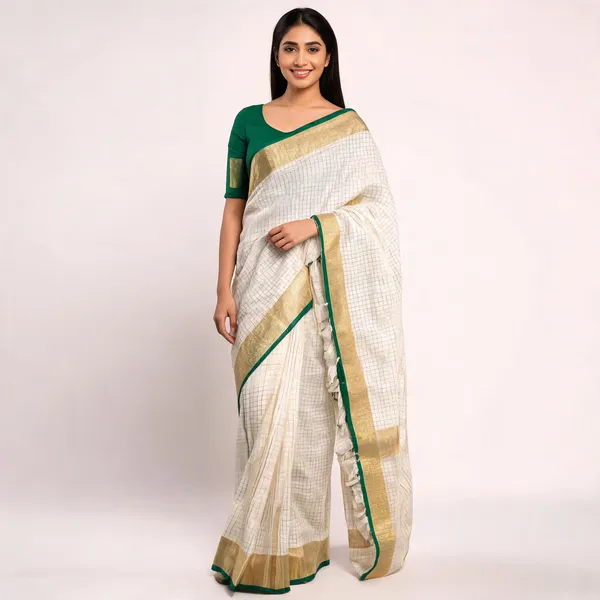 White_And_Green_Premium_Linen_Saree_For_Women