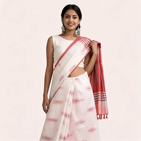 White_And_Pink_Premium_Cotton_Slub_Saree_For_Women