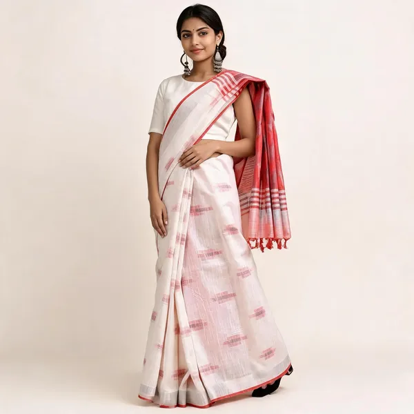 White_And_Pink_Premium_Cotton_Slub_Saree_For_Women