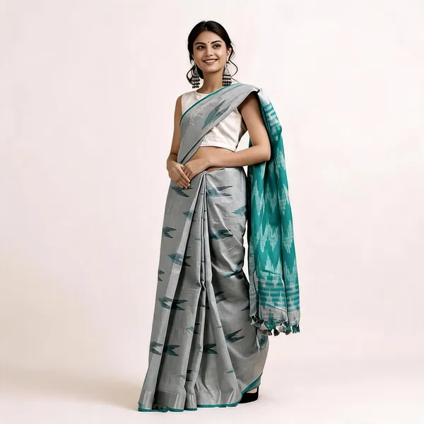 Grey_And_Teal_Premium_Cotton_Slub_Saree_For_Women