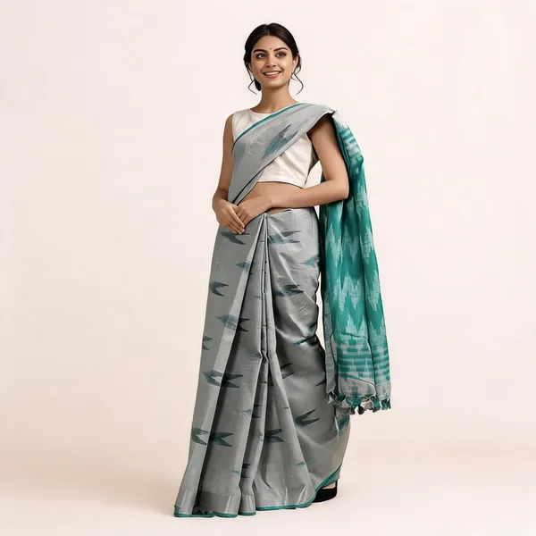 Grey_And_Teal_Premium_Cotton_Slub_Saree_For_Women