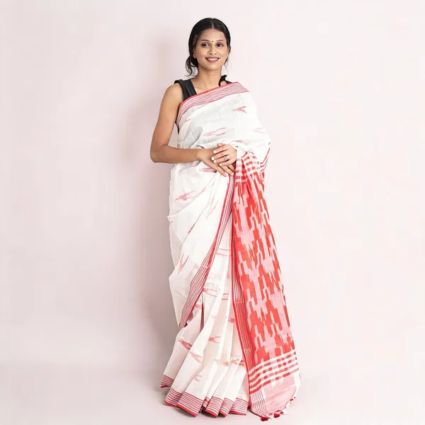 White_And_Red_Premium_Cotton_Slub_Saree_For_Women