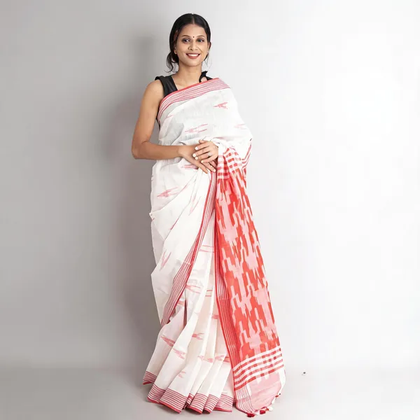 White_And_Red_Premium_Cotton_Slub_Saree_For_Women