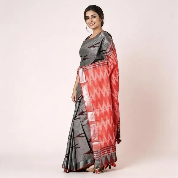 Red_And_Grey_Premium_Cotton_Slub_Saree_For_Women
