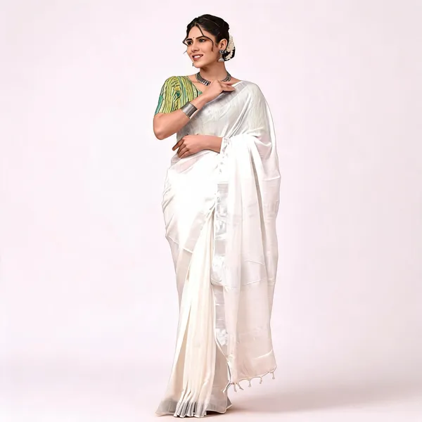 White_And_Green_Premium_Cotton_Linen_Saree_For_Women