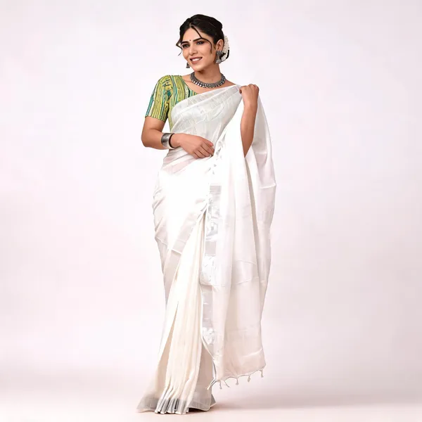 White_And_Green_Premium_Cotton_Linen_Saree_For_Women