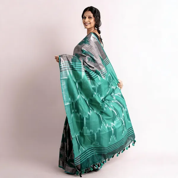Green_And_Grey_Premium_Cotton_Slub_Saree_For_Women